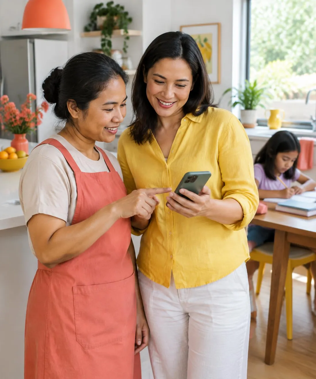 An employer and a domestic helper reading an update together on a phone in a family kitchen
